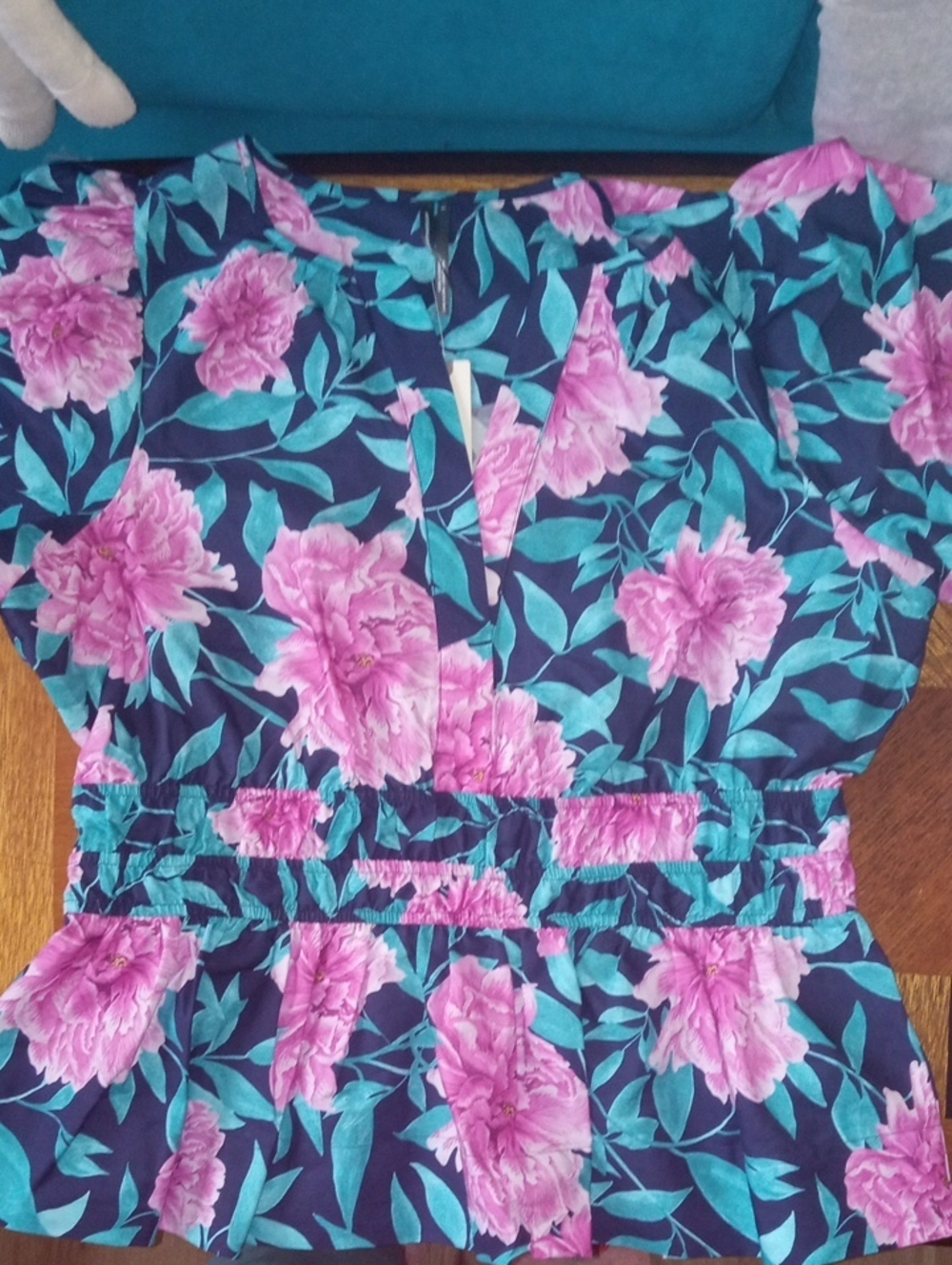 Anthropologie Women's Floral Peplum Top - Pink & Teal on Navy
